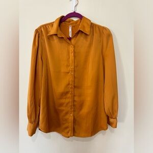 NY Collection Women’s Satin Blouse puff sleeves shirt smooth soft button up L